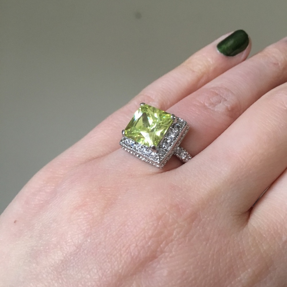 Square Green Stone Ring with Silver Band